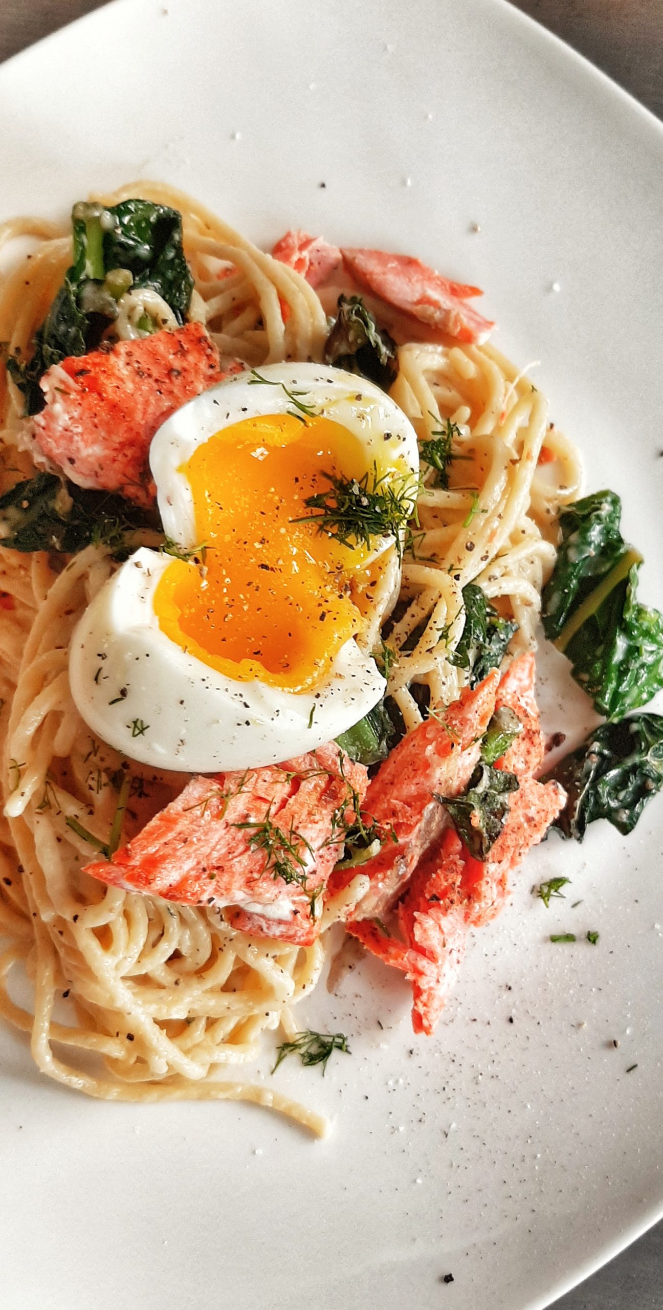 Salmon Spaghetti in Creamy Dill Sauce with Soft Boiled Egg – THE ...